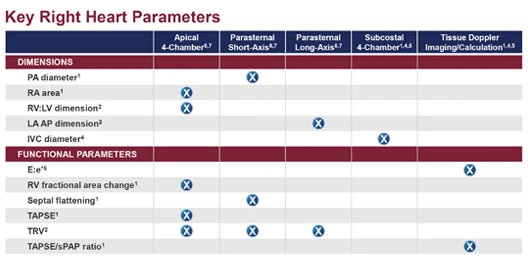 Key right heart echo parameters chart