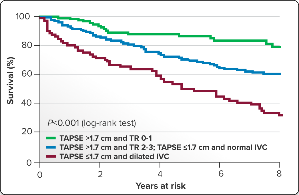 Kaplan-Meier survival curves according to 3 echocardiographic-based risk groups in patients with PAH. Kaplan-Meier curves show significantly lower 5-year survival rates for high-risk patients (TAPSE &le;1.7 cm and dilated IVC) compared with both intermediate-risk patients (TAPSE >1.7 cm and TR 2-3; TAPSE &le;1.7 cm and normal IVC) (43% vs 63%, respectively; P<0.001) and low-risk patients (TAPSE >1.7 cm and TR 0-1)