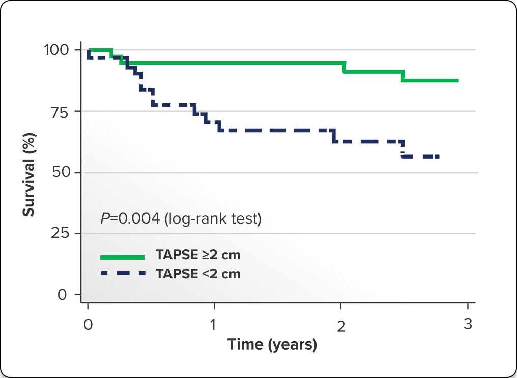 Kaplan-Meier estimates of survival stratified by TAPSE values: better survival when TAPSE is ≥2 cm