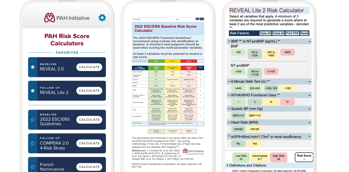 Side by side view of various calculators on the PAH Risk Score Calculator app