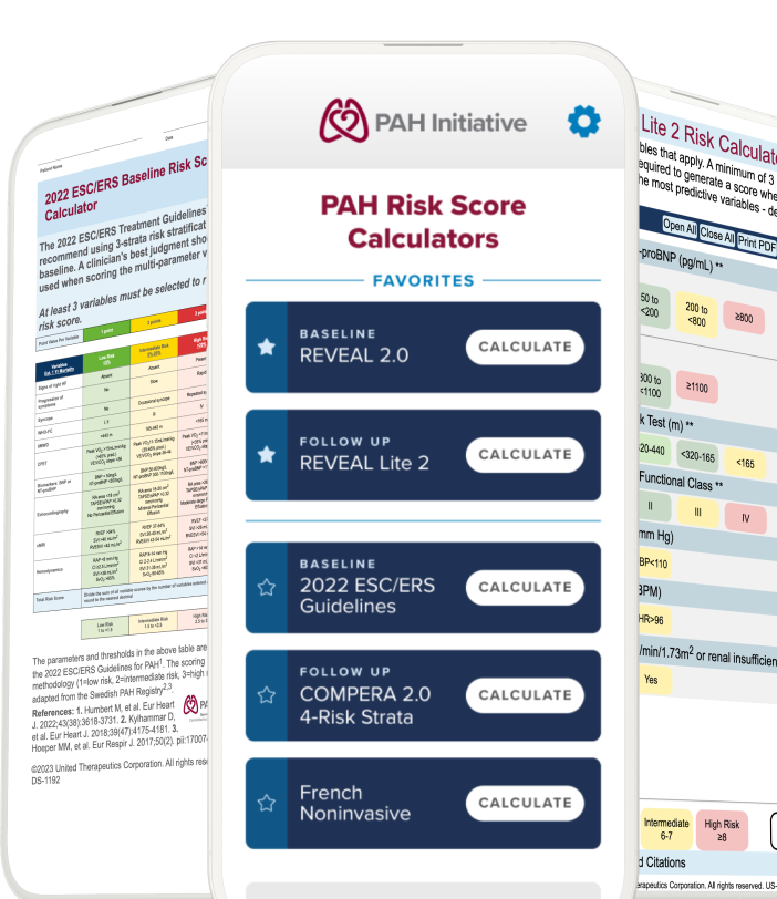 Various calculators on the PAH Risk Score Calculator app