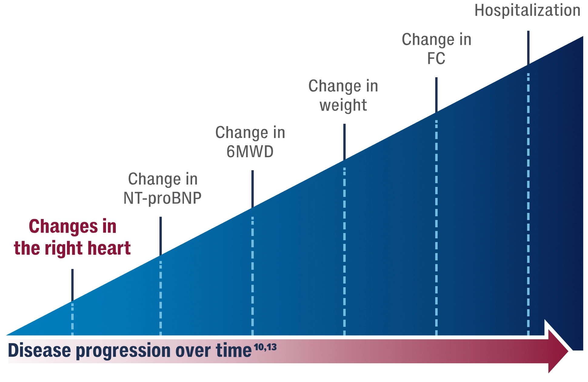 Chart showing worsening right heart function over time. Changes in the right heart occur before clinical changes are evident.