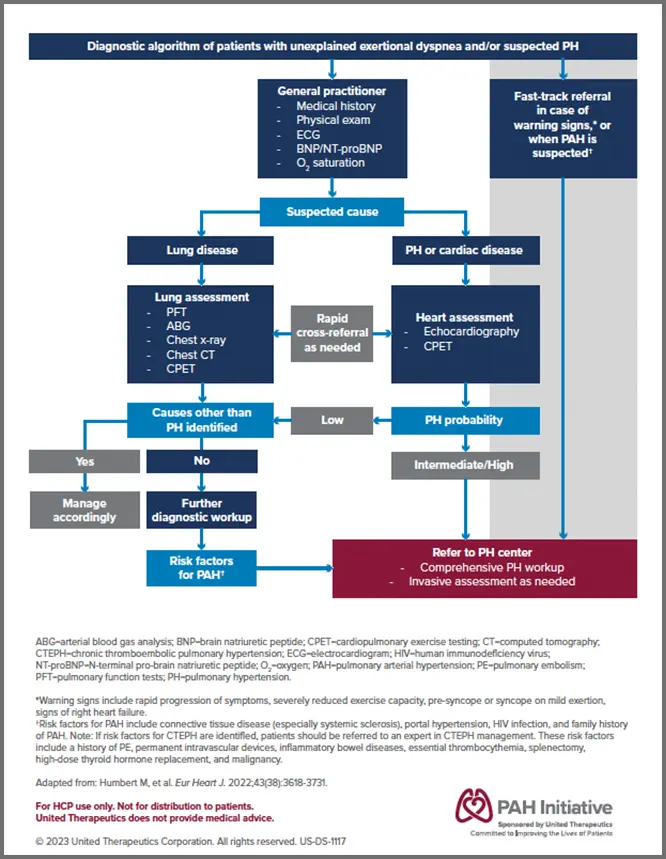 Download of the diagnostic algorithm flowchart to help reach a possible diagnosis of PAH